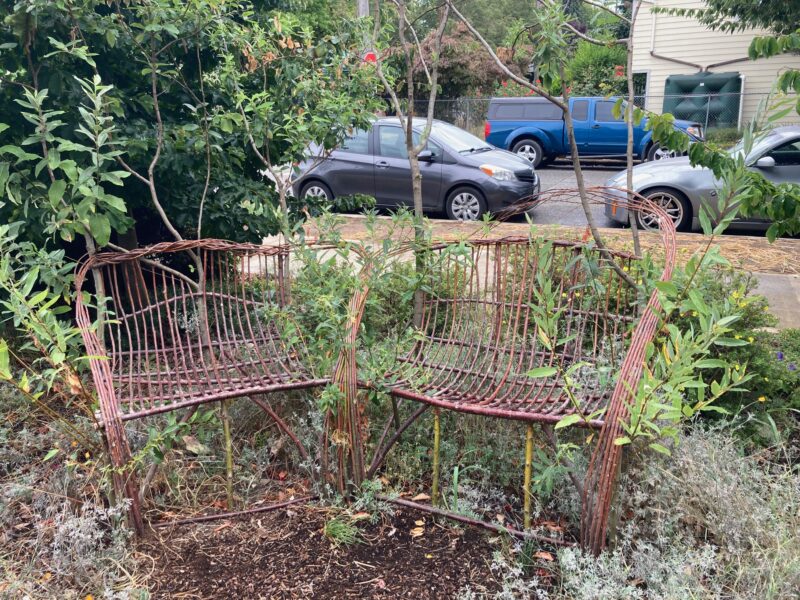 Wicker benches in the park